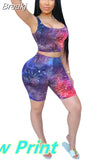 Women Tie Dye Print 2 Pieces Sets Tracksuits Crop Top Side Lace-Up Bandage Shorts Ladies Sexy Tracksuits Hollow