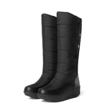 New Forst Winter Snow Boots Women Mid Calf Warm Plush Wedges Shoes Waterproof Down Patchwork PU Buttons Platform