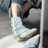 Pleated Cowgirl Boots for Women 2023 Pointed Toe Denim Mid Calf Boots Woman Fashion Thick Heels Western Botas Plus