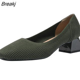 Solid Color Single Shoes Women Low-Heeled Square Toe Shoes Spring Autumn Knitting Shoes Plus Size