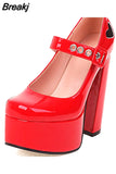 Pumps Round Toe Chunky Block Heel Ankle Strap With Heart 2023 Spring Brand New High Heels Mary Janes Women