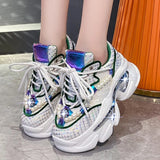 Print Chunky Sneakers Women 2023 Thick Bottom Platform Ladies Sports Shoes Street Fashion Pearl Rhinestone Dad Shoes