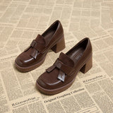 British Style Women's Shoes Fashion Loafers Spring Autumn Bow-knot Square Toe Chunky High Heel Brown Small Leather