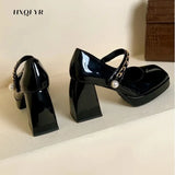 High Root Shoe Female 2023 Summer Retro Mary Jane Square Root Women's Shoes Color Matching Shallow Mouth Beaded High