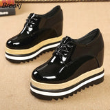 Women Shoes Patent Leather Lace Up Thick Heel Increased Flat Platform Oxford Shoes Woman Loafers Solid Black Casual