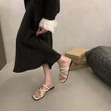 Women Summer Slippers Ladies Sandals Metal Decor Thong Flip Flop Low Heel Shoes Woman Outdoor Retro Brown Sandals
