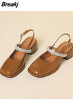 Sandals Med Buckle Strap Black Shoes for Women Square Toe High Heels New Medium Fashion Beige Rhinestone Summer Closed