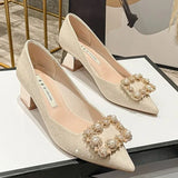 Heels Shoes Women Spring New Korean Version Pearl Rhinestones Pointed Toe Women's Shoes Chunky Heels Pumps Zapatillas