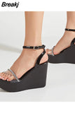 Summer 2023 New Arrivals Women's Sandals Peep Toe Wedge High Heels Slipper Shiny Rhinestones Comfy Walking