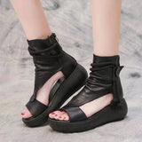 Black Women Leather Sandals Cool Boots Platform Shoes Wedges Sandals Women Shoes Fashion Outdoor