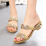 New Summer Women Shoes Fashion Low Square Heel Rhinestone Slippers Metal Decorative Non-slip Comfortable Sandals