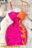 Summer Women Bodycon Dress Color Match Spaghetti Strap V Neck Sleeveless Cut Out Twist Ruched Tight Fit Night Out