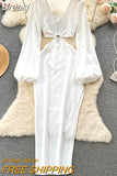 Sexy Women White Long Dress 2023 Spring Summer Fashion V-neck Lantern Sleeve Cut Out Side Split Club Party Maxi