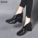 Women's Short Boots Casual Thick Heels Shoe High Heels Round Toe Rear Zipper Leather Boots All-match British Style Women's