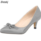 Women Sexy Low Mid Kitten Heels Shoes PU Patent Leather Pointed Toe Work Pumps With Bowknot wedding shoes