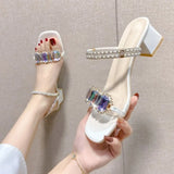 Rhinestone Sandals for Women Summer 2024 Square Heels Open Toe Slippers Woman Transparent PVC Jelly Sandal
