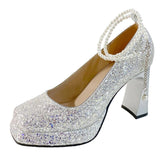 2023 Luxury Glitter Sequins Pumps Women Pearls Strap Bling Wedding Party Shoes Woman Square Toe High Heels Shoes