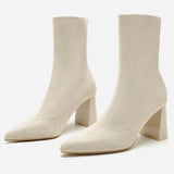 Quality Socks Short Boots Women Solid Knitting Boots Stretch Sock Mid-calf Boots Party Square High Heels Sexy Ankle