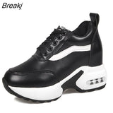 Women's Vulcanized shoes Autumn Leather Chunky Shoes Woman Platform Height Increased Sneakers 8CM Thick Sole Wedges sports