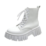 Chunky Platform Ankle Boots Women Pu Leather Square Heels Combat Boots Woman Lace Up White Black Short Booties