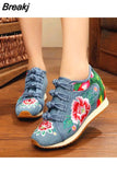 Spring Women's Flower Embroidered Flat Platform Shoes Chinese Ladies Casual Comfort Denim Fabric Sneakers Shoes