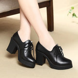 Women Pumps Shoes Genuine Leather Pointed Toe Lace-Up 8cm&5cm Thick High Heel Shallow Solid Casual Female Shoes Plus