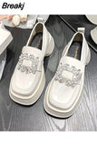 Autumn Loafers Pu Leather Shoes Women's Thick Soles Square Toe Single Shoes College Retro Rhinestones Pumps