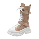 Canvas Chunky Platform Motorcycle Boots Women Zip Thick Bottom Combat Boots Woman Autumn Winter Punk Mid Calf Botas