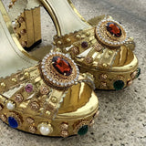 Women Chunky High Heels Shoes Platform Sandals For Women Rhinestone Metallic Gold Leather Shoes Woman Peep Toe Wedding