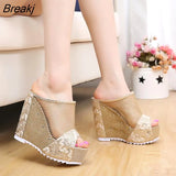 Net yarn High heels Women Wedges Sandals tongs slippers Platform Female Lace Increase mujer Shoes feminina