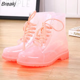 Women Rain Boots Mature Lady Lace Up Waterproof Lady Shoes Rubber Transparent Candy Colors Ankle Outdoor Girl's Fashion