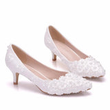 HOT White Flower Lace Wedding Shoes Low-Heeled 5CM Pearl Bridal Shoes Princess Pumps Platform Shoes Women Plus Size