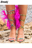 Gladiator Sandals Women Fur Shoes Summer Cross-tied High-heeled Sandals Ostrich Hair Decor Thin High Heels Shoes