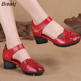 2023 Summer Genuine Leather Shoes Gladiator Sandals Women 5cm High Heels Classic Black Round Toe Hollow Ladies