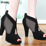Summer Women High Heel Shoes Mesh Breathable Pomps Zip Pointed Toe Thick Heels Fashion Female Dress Shoes Elegant