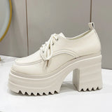 Leather Women Pumps Platform Square Heel Lace Up Oxford Women Party Role Play Uniform Dress Shoes Fashion High Heels