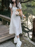 Pure Color Midi Dress Ladies French Elegant Short Sleeve Dress Woman Backless Party One Piece Dress Korea Chic 2023