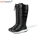 Winter Snow Boots Women Mid-Calf Genuine Leather Wedges Patchwork Waterproof Down Warm Plush Cotton Padded Platform