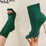 2023 New Sexy Cut-Out Thin High Heels Red Green Knitted Stretch Fabric Ankle Socks Boots Women Party Dance Shoes