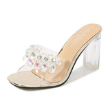 Fashion Girl Bow Crystal Slippers Sexy Transparent Dress Heel Shoes Summer Pearl Bowknot Design 2023 Elegant Party