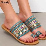 Women's Bohemian Sandals Summer Flats Female Casual Peep Toe Shoes Slip on Rhinestone Strappy Sandalias for Women New