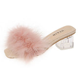 Fluffy Peep Toe Sexy High Heels Women Shoes Fur Feather Lady Fashion Wedding Slip-On Pink Square Sandals Tacones
