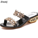 New Summer Women Shoes Fashion Low Square Heel Rhinestone Slippers Metal Decorative Non-slip Comfortable Sandals