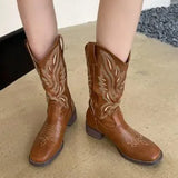 Breakj Coarse And Western Cowboy Boots V Mouth Embroidery Sleeve Knight Boots In The Barrel Square Retro