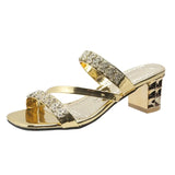 Gold Silver Women's Sandals Summer 2023 Crystal High Heels Party Shoes Woman Comfortable Thick Heel Slides Sandalias