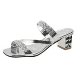 Gold Silver Women's Sandals Summer 2023 Crystal High Heels Party Shoes Woman Comfortable Thick Heel Slides Sandalias