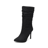 Women Denim Cowboy Boots High Heels Winter Warm Shoes Extra Big Size 45 46 47 48 Mid Calf Boots