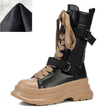 Punk Chunky Platform Motorcycle Boots Women 2023 Mixed Color Lace Up Mid Calf Boots Woman Thick Bottom Pu Leather