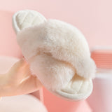 Women's Cross Band White Fur Slippers Winter Warm Plush Soft House Slippers for Women Indoor Open Toe Fluffy Home Shoes