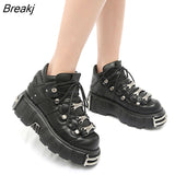 Women's Punk Style Leather Shoes Lace-up Heel Height 6CM Platform Female Gothic Ankle Boots PU Metal Decor Thick Bottom
